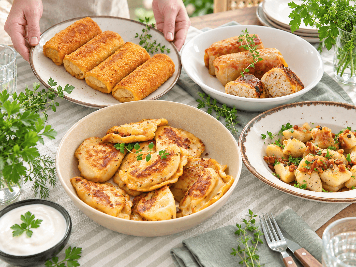 Pierogi, krokiety, kopytka i gołąbki na wspólnym stole ze świeżymi ziołami