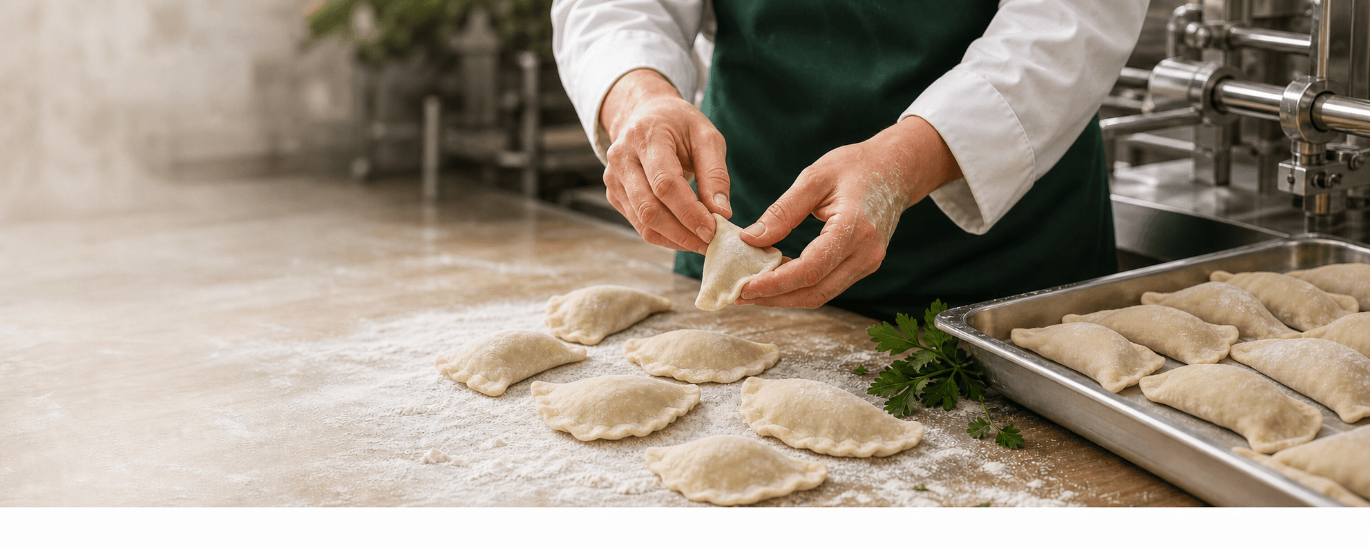 Ręczne lepienie pierogów w zakładzie Herbowej