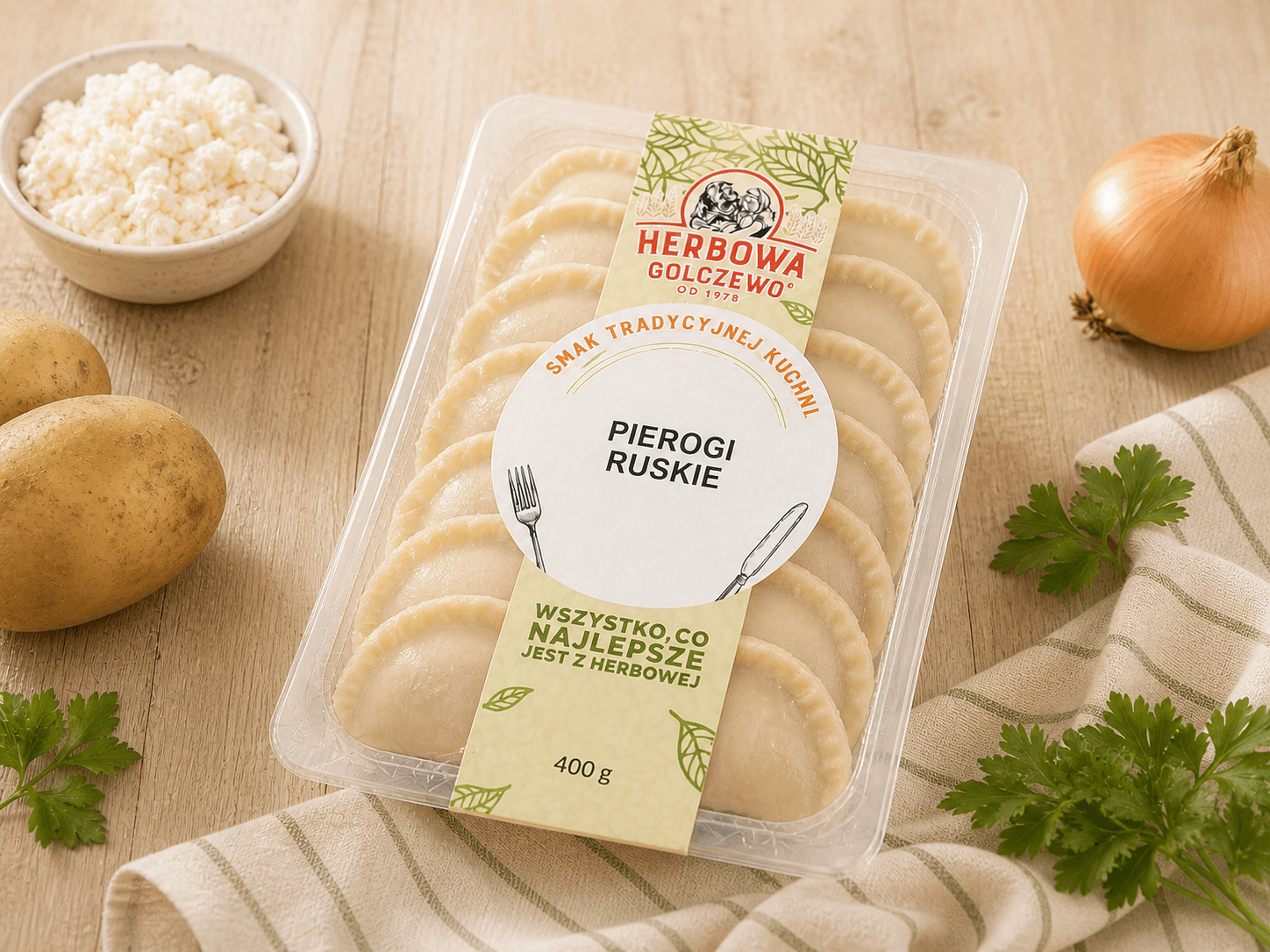 Pierogi ruskie Herbowa — wizualizacja tymczasowa zamkniętego opakowania, przygotowana bez rzeczywistego zdjęcia produktu. Do zastąpienia po dostarczeniu fotografii.