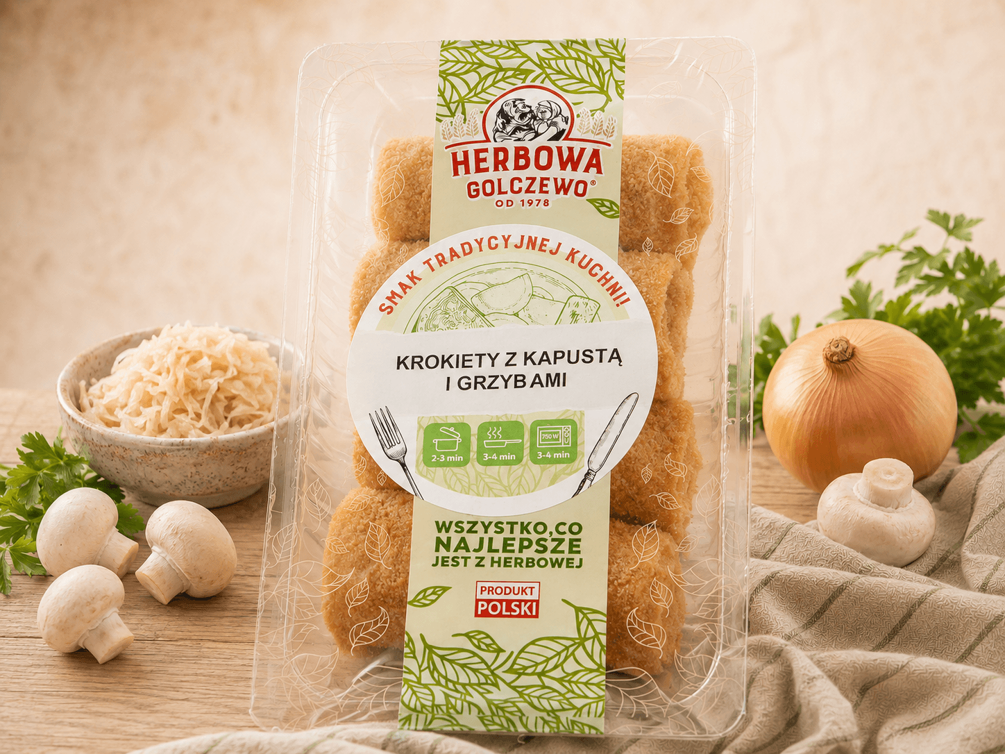 Krokiety z kapustą i grzybami Herbowa — zamknięte przezroczyste opakowanie z dodatkami zgodnymi ze składem.