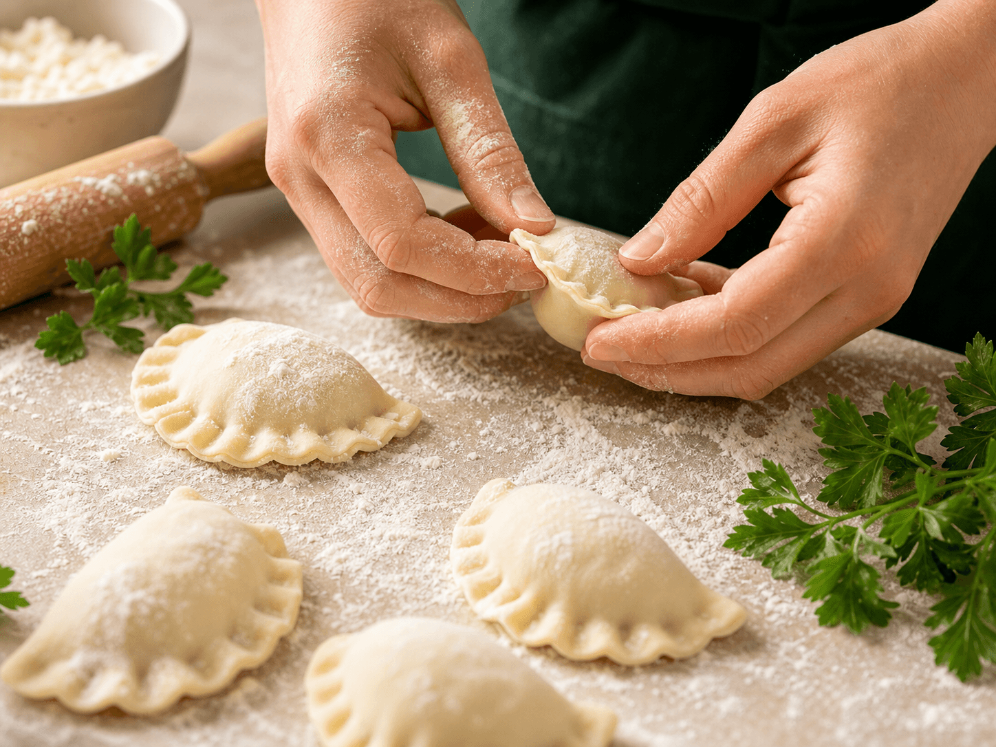 Dłonie ręcznie lepiące pieroga na oprószonym mąką stole