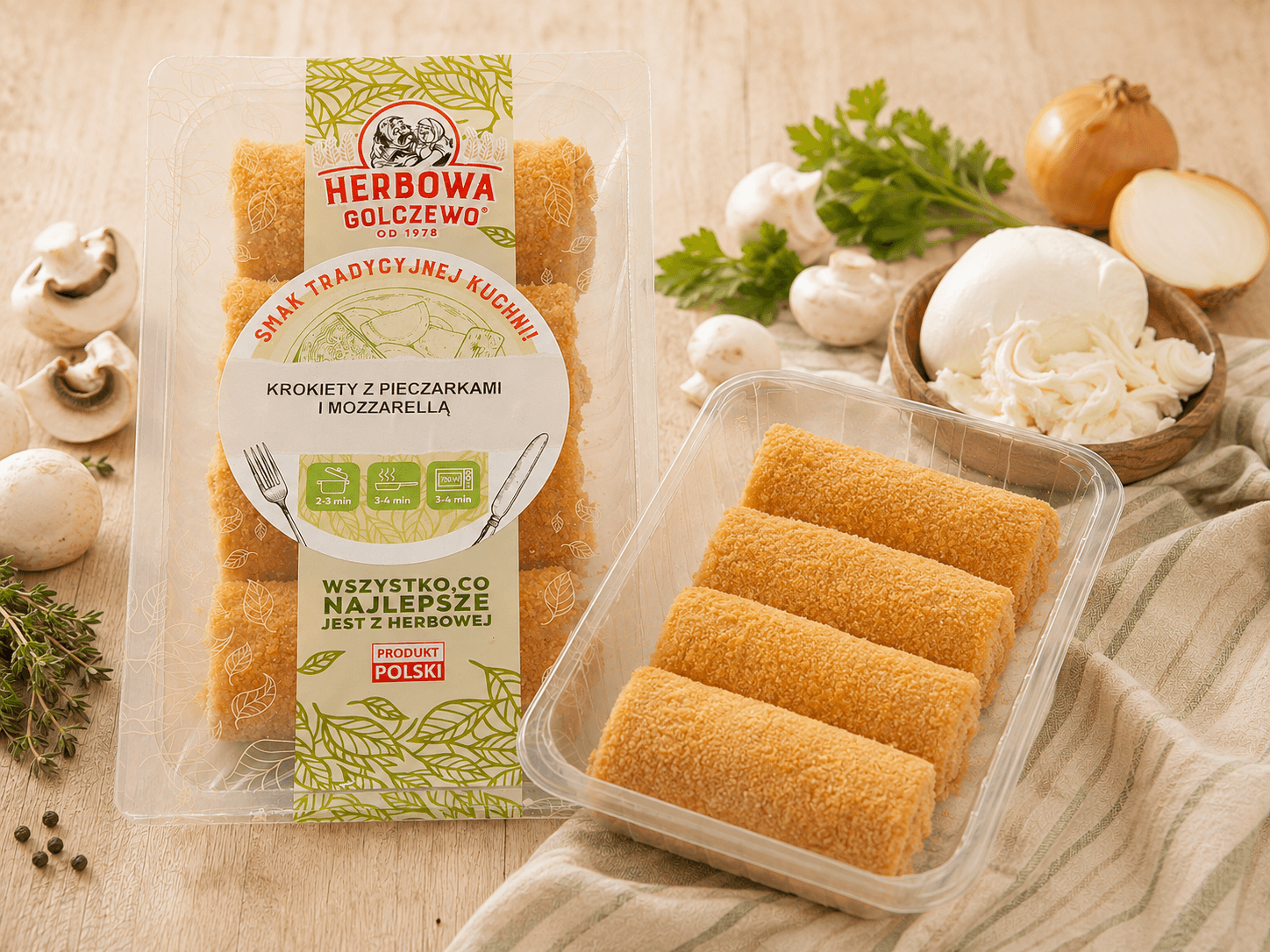 Krokiety z pieczarką i mozzarellą Herbowa — opakowanie zamknięte oraz otwarta przezroczysta tacka z dodatkami zgodnymi ze składem.