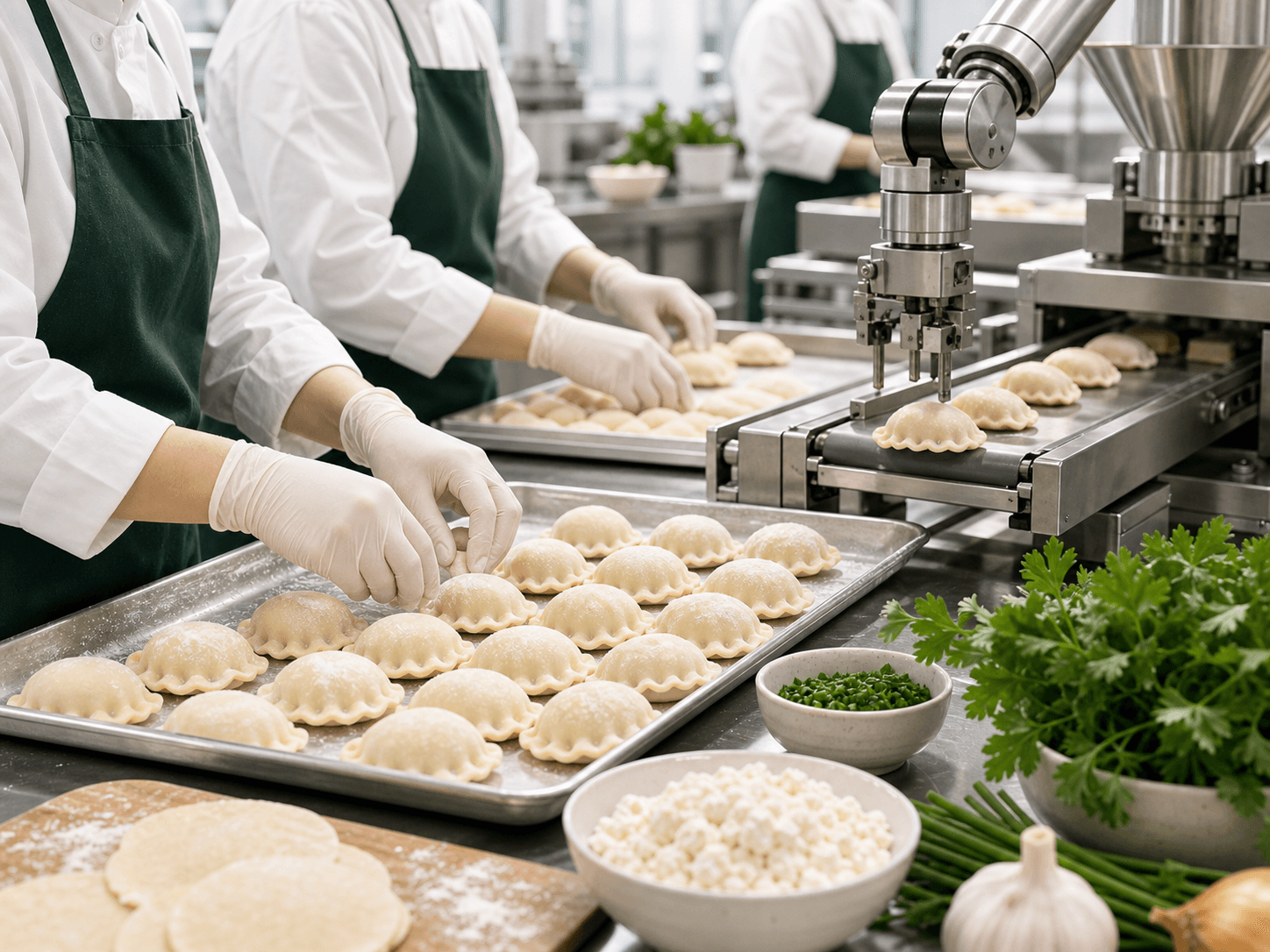 Zespół produkcyjny układający pierogi na metalowych tacach